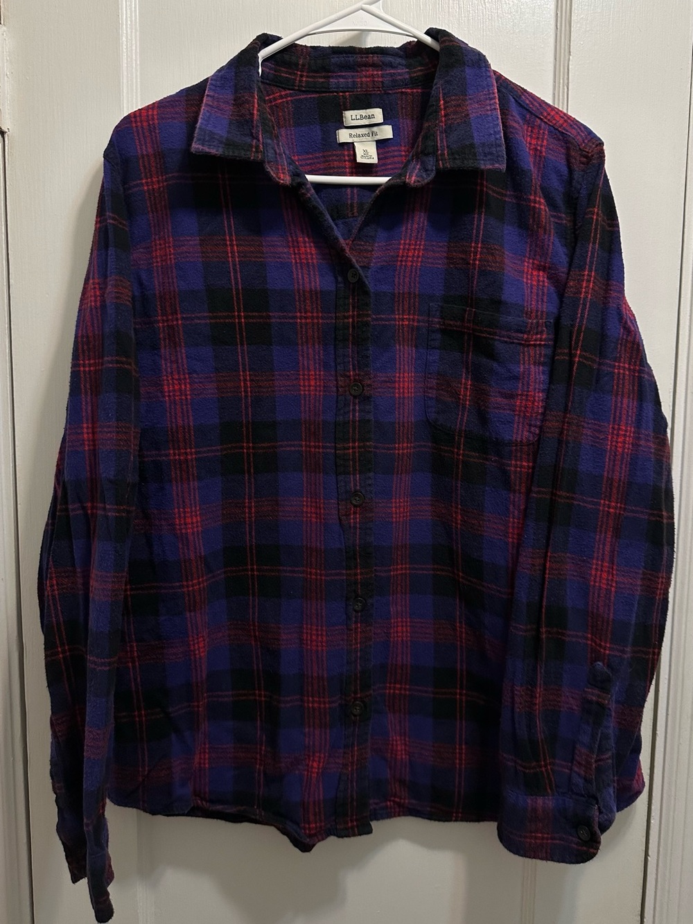L.L. Bean: XL Purple/Navy & Red Plaid Flannel Shirt